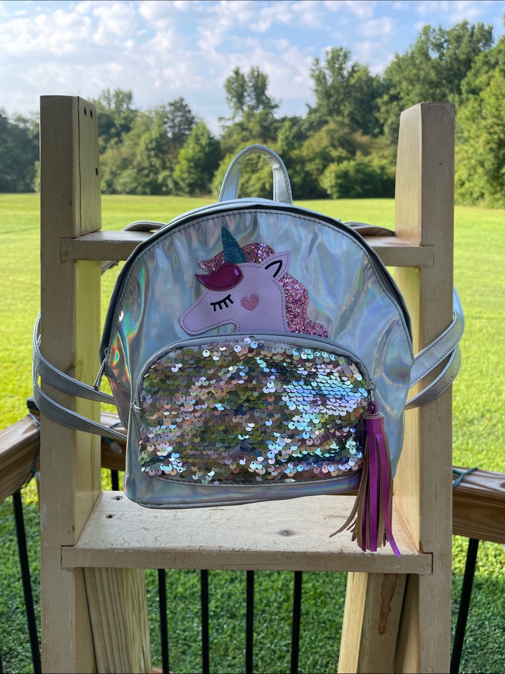 Holographic Unicorn Sequin Kids Backpack - Silver